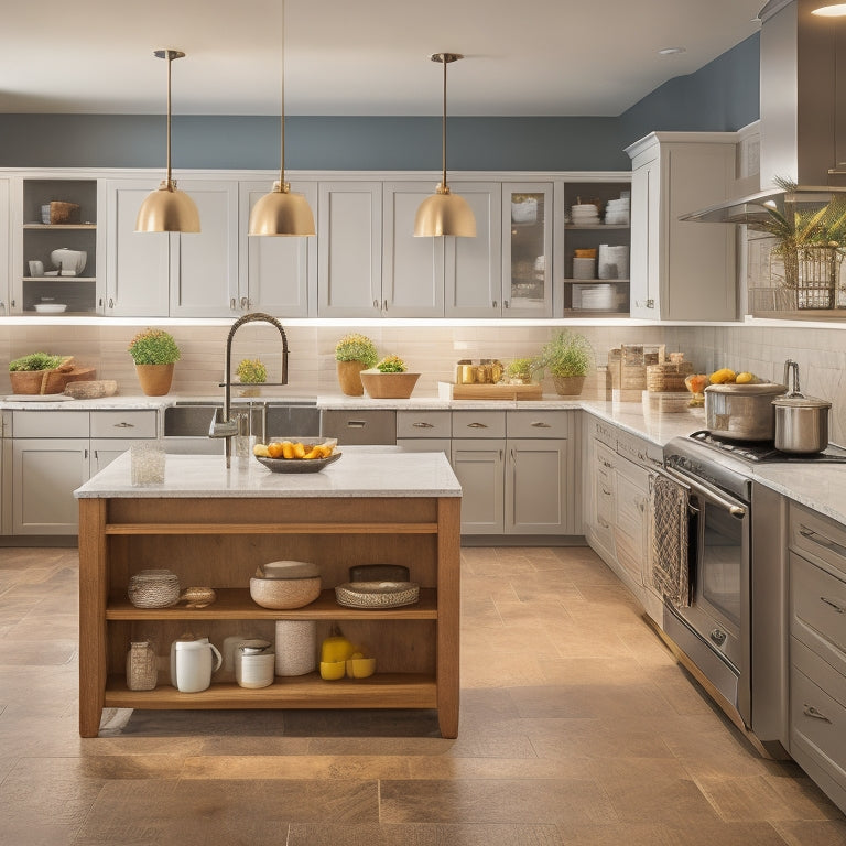 A modern, well-lit kitchen with sleek countertops, a large island, and open shelving, featuring a dedicated gluten-free zone with separate utensils, appliances, and labeled storage containers.