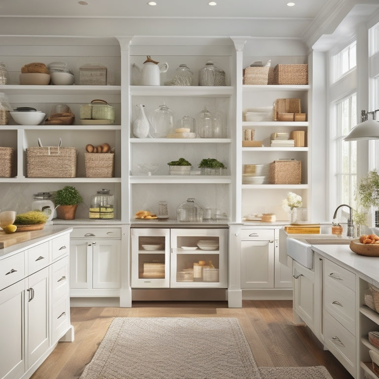 A beautifully organized kitchen with soft, warm lighting, featuring floor-to-ceiling cabinets in a crisp white finish, with pull-out shelves, baskets, and dividers showcasing ample storage for cookbooks, utensils, and dinnerware.