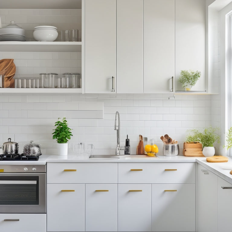 A bright, modern small kitchen with sleek white cabinets, a stainless steel sink, and a minimalist backsplash, featuring a pull-out pantry, a rotating spice rack, and a wall-mounted utensil organizer.