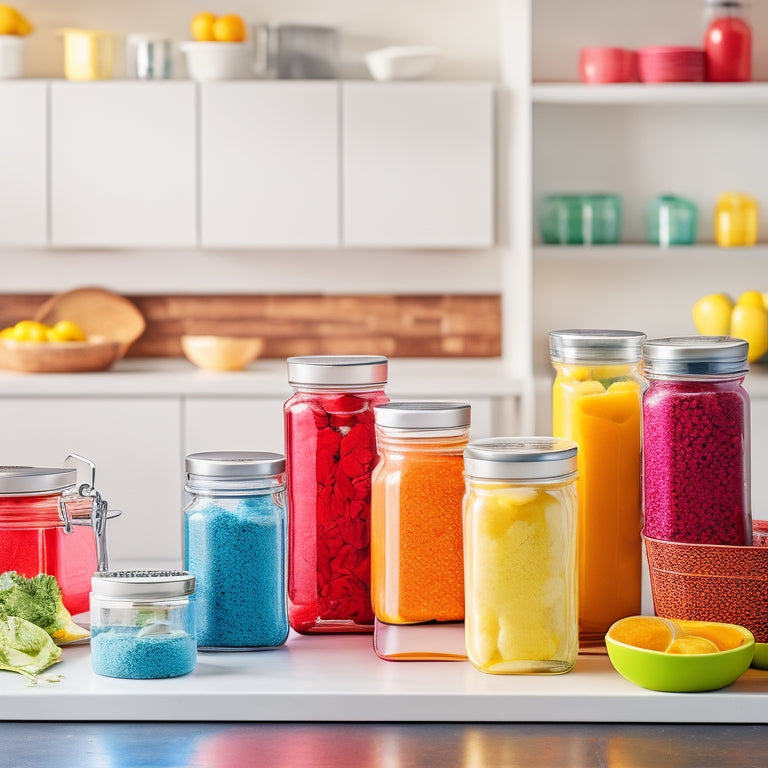 A bright, modern kitchen countertop with a variety of colorful, labeled food containers in the background, and a single Jokari erasable label on a jar in the foreground, with a faint erased mark.