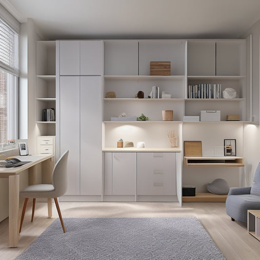 A serene, well-lit room with a minimalist aesthetic, featuring a Murphy bed, a compact desk with a laptop, and a floor-to-ceiling shelving unit with neatly organized storage bins and baskets.