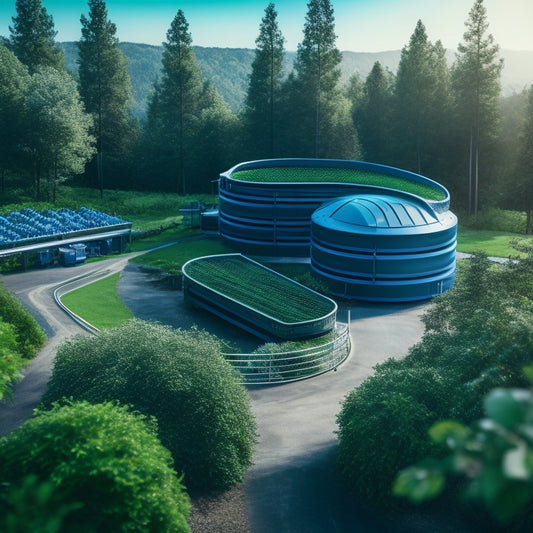 A futuristic, high-tech recycling facility with sleek machinery, conveyor belts, and large bins labeled with green and blue arrows, surrounded by lush greenery and a subtle Greek column in the background.