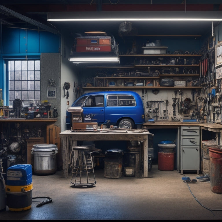 A cluttered garage workshop with a Ford Aerostar elevated on a hydraulic lift, surrounded by scattered tools, repair manuals, and car parts, with a bright LED lamp illuminating the engine compartment.