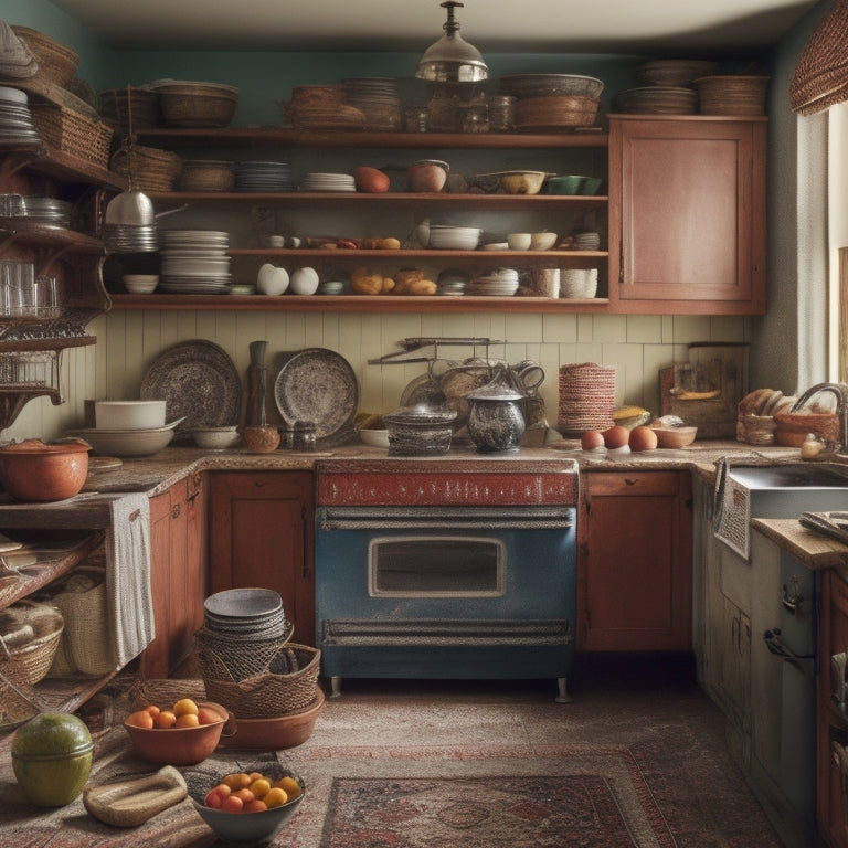 A cluttered kitchen with open cabinets revealing stacks of mismatched dishes, expired food, and worn cookbooks, with a walker or cane nearby, surrounded by scattered recipes and kitchen utensils.