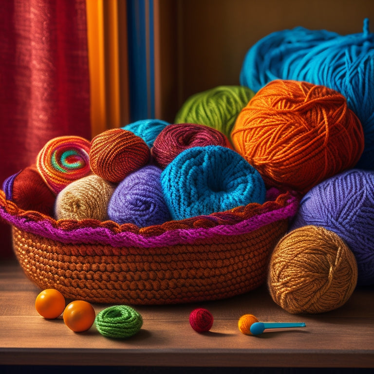 A warm and inviting still life featuring a basket overflowing with colorful, freshly crocheted dishcloths in various sizes and patterns, surrounded by balls of yarn and crochet hooks.