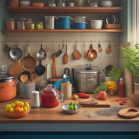 A cluttered small kitchen with utensils, spices, and appliances scattered across the countertops, contrasted with a tidy adjacent area featuring a sleek countertop organizer with neatly arranged items.