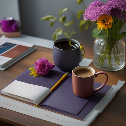 A minimalist desk with a leather-bound planner opened to a colorful, filled-out calendar page, surrounded by a cup of steaming coffee, a vase with blooming flowers, and a few scattered, colorful pens.