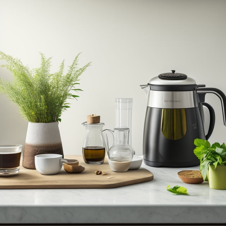 A tidy kitchen countertop with a few, carefully arranged items: a small vase with fresh herbs, a wooden utensil holder, and a sleek coffee maker, set against a clean, white background.