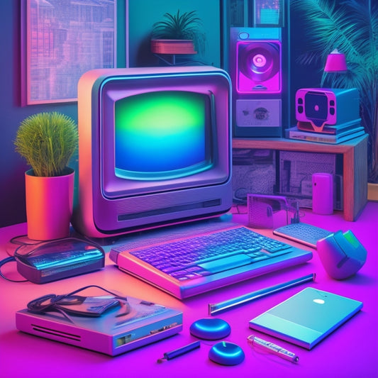 A retro-style illustration featuring a vintage Macintosh computer surrounded by nostalgic 90s tech gadgets, including a PalmPilot, a floppy disk, and a dial-up modem, set against a bright, neon-lit background.