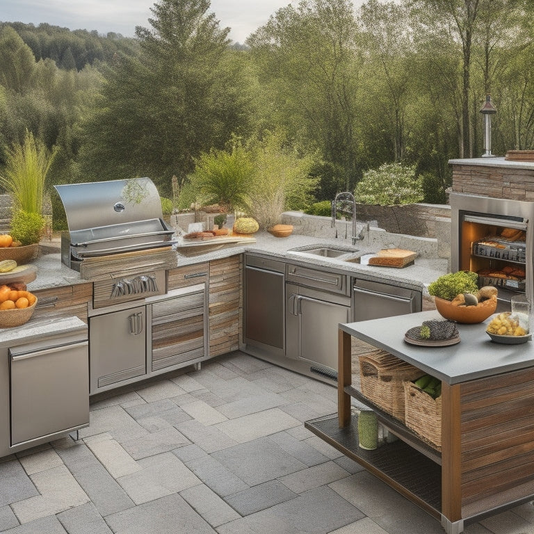 A modern outdoor kitchen with sleek countertops, a large grill, and a dining area, cluttered with utensils and cookware, contrasted with a tidy, organized section featuring clever storage solutions, such as built-in cabinets and pull-out drawers.