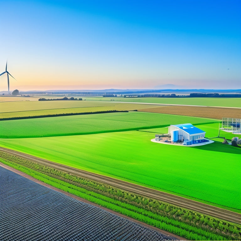 An aerial view of a futuristic farm with autonomous tractors, drones, and sensors amidst lush green fields, with a sleek, modern farmhouse and a wind turbine in the background.