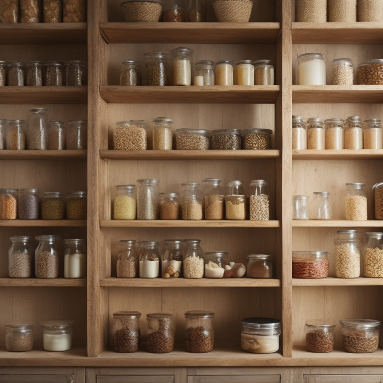 A tidy, well-lit pantry with rows of identical, transparent glass jars of varying sizes, each containing a different type of dry good, on wooden shelves against a soft, creamy background.