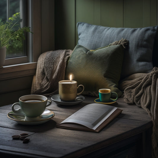 A serene, dimly-lit reading nook with a Kindle Paperwhite placed on a plush, moss-green cushion, surrounded by scattered bookmarks, and a steaming cup of coffee on a wooden side table.