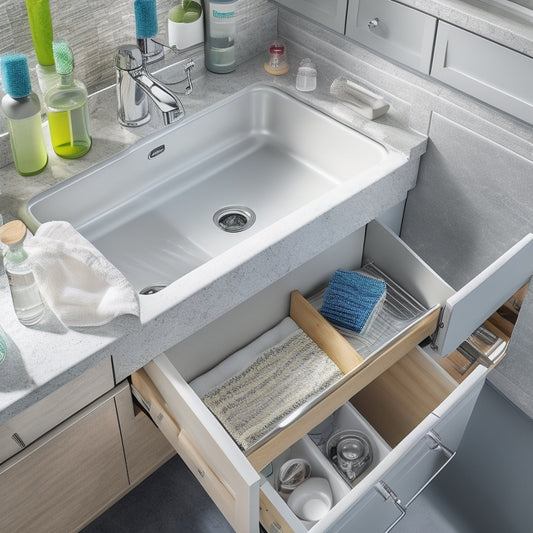 A tidy under-sink area with a YouCopia set installed, featuring a slide-out drawer, adjustable dividers, and a sleek, silver-toned faucet, surrounded by a few strategically placed cleaning supplies.