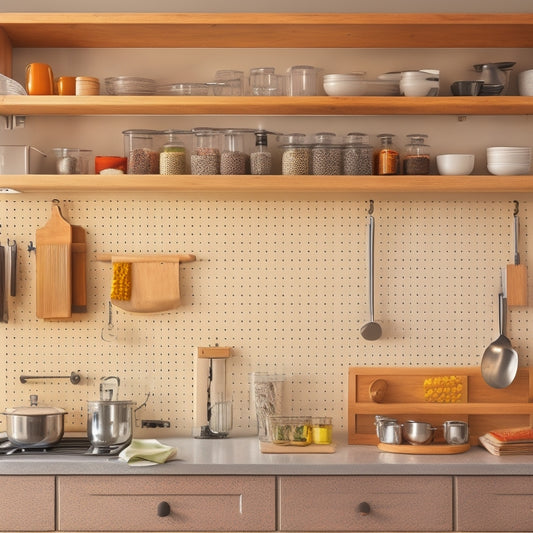 A tidy kitchen with a wall-mounted pegboard holding utensils, a pull-out spice rack, and a built-in trash can, surrounded by sleek countertops and minimalist cabinetry.