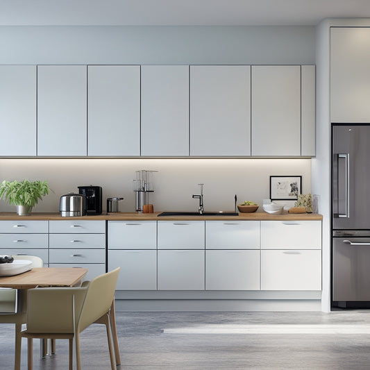 A modern kitchen with sleek, white cabinets and rich, dark countertops, featuring the BOTTON II System: a series of sleek, modular drawers and shelves with rounded edges and silver accents.