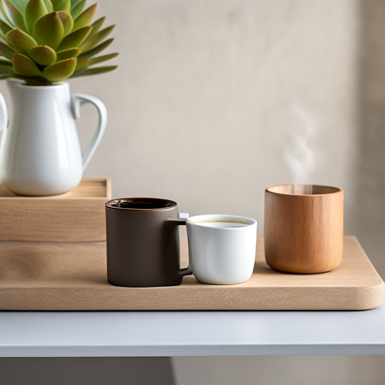 A minimalist, modern coffee station featuring a sleek mug caddy with three white ceramic mugs, a small potted succulent, and a subtle wood-grain background.