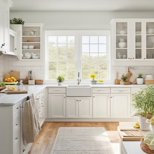 A bright and airy kitchen with sleek, white cabinets, a large island with built-in drawers, and a pegboard with hanging utensils and cookware, surrounded by warm, natural light.