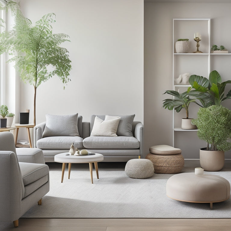 A serene, minimalist living room with a neutral color palette, featuring a sleek, low-profile storage ottoman, a geometric shelving unit, and a few, carefully placed, potted plants.