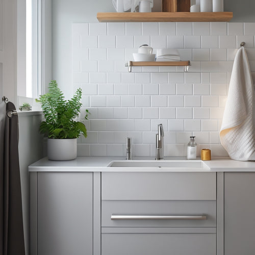 A modern kitchen sink area with a sleek, wall-mounted organizer featuring three shallow drawers, a soap dispenser, and a towel holder, surrounded by a clean, minimalist backsplash.