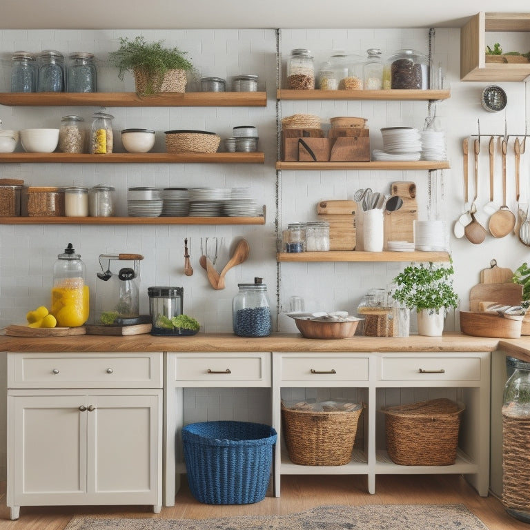 A tidy kitchen with a mix of open shelving, closed cabinets, and countertops, showcasing various budget-friendly storage solutions, including repurposed jars, baskets, and a pegboard with hanging utensils.