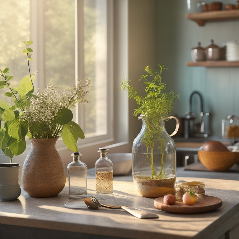 A serene kitchen scene: morning sunlight pours through a window, illuminating a vase with fresh eucalyptus, a well-organized countertop, and a few, carefully placed, artisanal kitchen utensils on a wooden table.