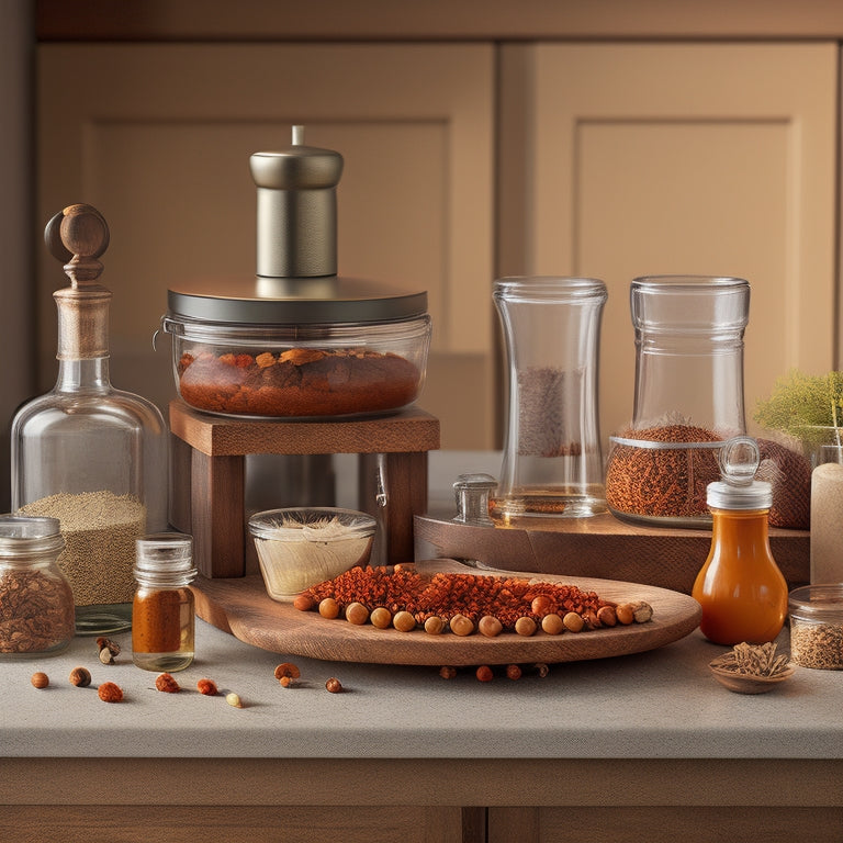 A tidy kitchen countertop with a wooden spice rack, three-tiered turntable, and a set of six glass jars with lids, surrounded by a few scattered whole spices and a small chef's knife.