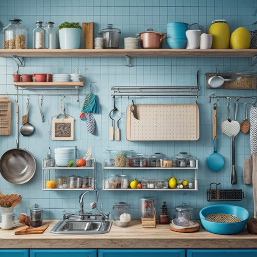 A messy kitchen with utensils scattered on countertops, a jumbled drawer overflowing with kitchen gadgets, and a pegboard with tools haphazardly hung alongside a clean, organized kitchen with labeled drawers and a neatly arranged pegboard.