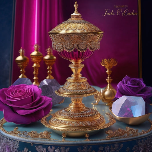 A luxurious, velvet-draped background with three ornate, gemstone-encrusted tiers rising from a polished, silver pedestal, each tier featuring a unique, intricately designed Jiopi logo in gold, silver, and rose gold.