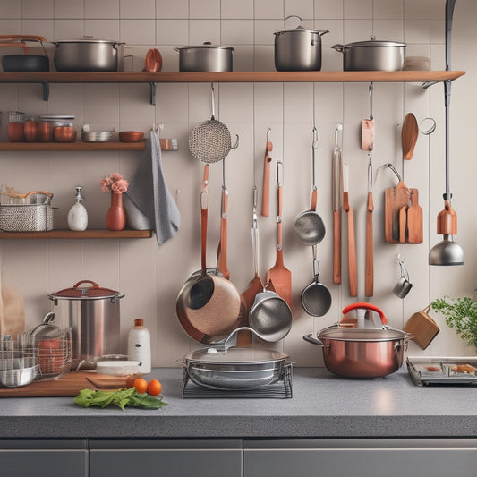 A tidy kitchen with a mix of stainless steel, copper, and ceramic pots and pans hanging from a pegboard, stacked on a cart with wheels, and arranged on a pot rack above a cooktop.