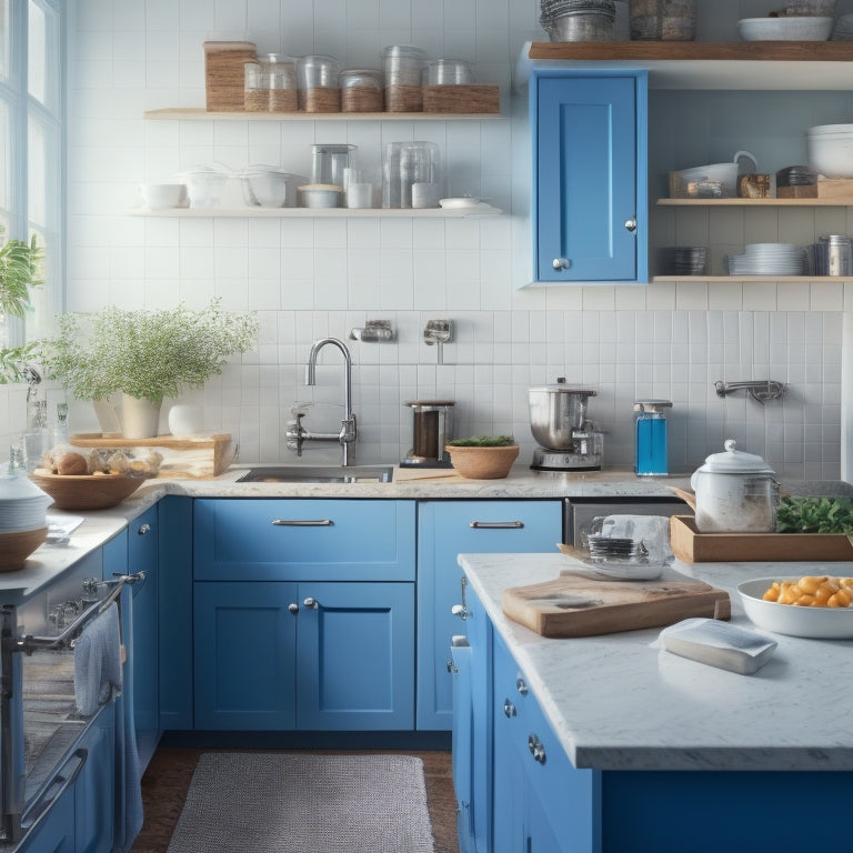 A cluttered kitchen with overflowing cabinets, utensils scattered on countertops, and a messy sink area, contrasted with a serene background featuring a few sleek, space-saving storage solutions.