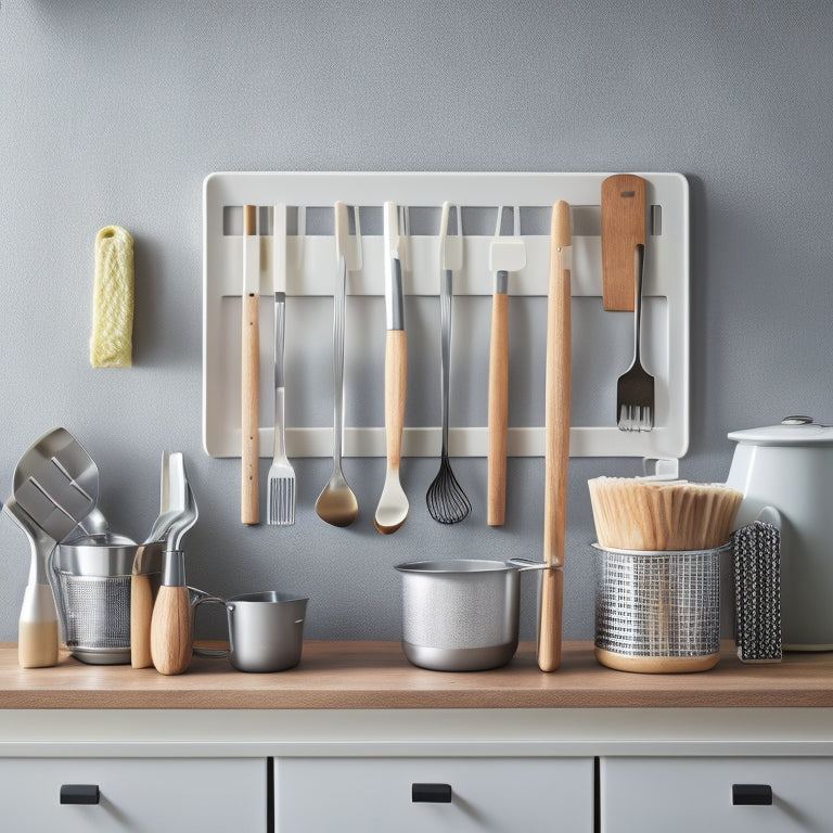 A tidy kitchen countertop with a sleek, wall-mounted utensil organizer featuring six designated slots, each holding a distinct kitchen tool: a chef's knife, silicone spatula, wooden spoon, tongs, garlic press, and stand mixer whisk.