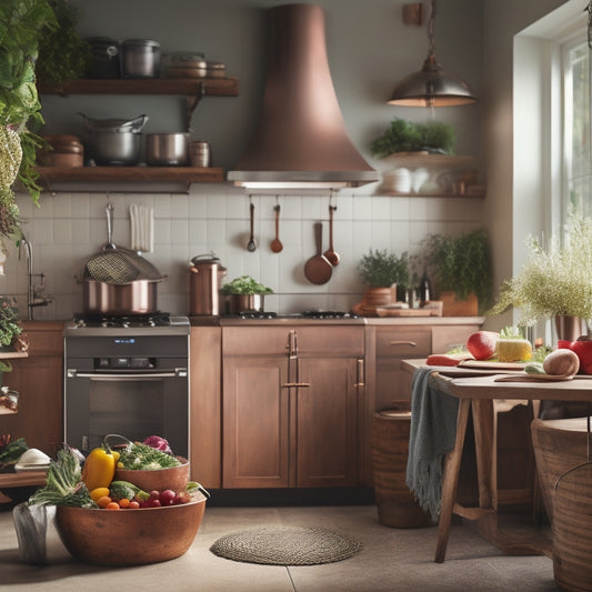 A warm and inviting kitchen scene featuring a stainless steel refrigerator, wooden kitchen island, and hanging copper pots, surrounded by utensils, gadgets, and a few fresh vegetables.