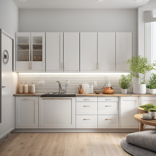 A serene, well-lit small kitchen with sleek white cabinets, a minimalist countertop, and a few strategically placed, modern kitchen utensils, surrounded by ample negative space.