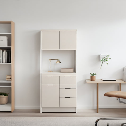 A tidy, minimalist room with a wall-mounted shelving unit, a sleek desk organizer, and a stackable storage bin system, all in a calming white and wood tone color scheme.