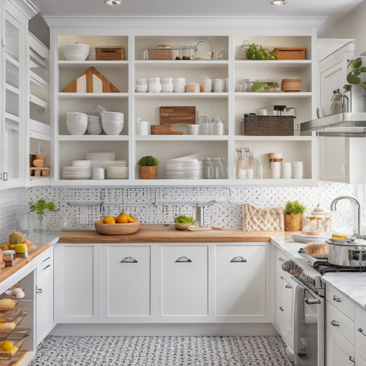 A bright, modern kitchen with sleek white cabinets, polished quartz countertops, and a large center island, featuring a pegboard with hanging utensils, a pull-out spice rack, and a set of stacked white storage bins.