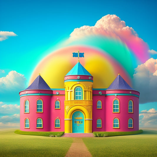 A colorful illustration of a school building with a giant shield protecting it, surrounded by swirling clouds of pollen, dust, and other allergens, with a subtle background of medical crosses and Band-Aids.