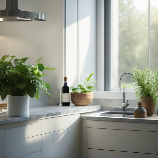 A minimalist kitchen counter with a few, carefully placed, sleek appliances and a small vase with fresh greenery, illuminated by a large window with soft, natural light.