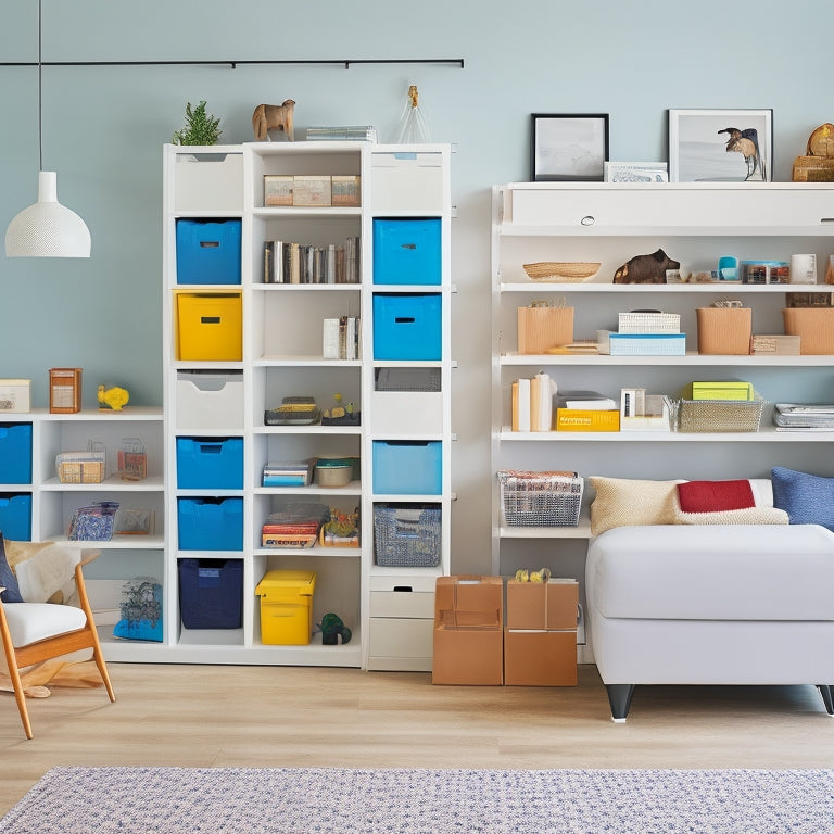 A tidy, modern living room with a wall of sleek, white storage units, a labeled pegboard, and a few colorful, organized bins, surrounded by a few Amazon boxes and a laptop.