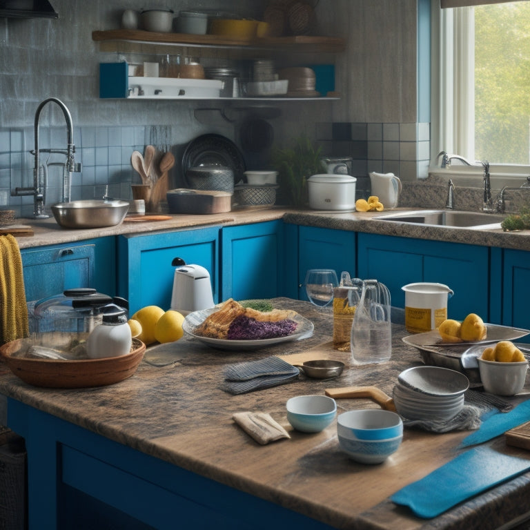 A messy kitchen scene: countertops cluttered with appliances, scattered utensils, and open cookbooks; a sink piled high with dirty dishes and a faucet dripping water onto a stained countertop.