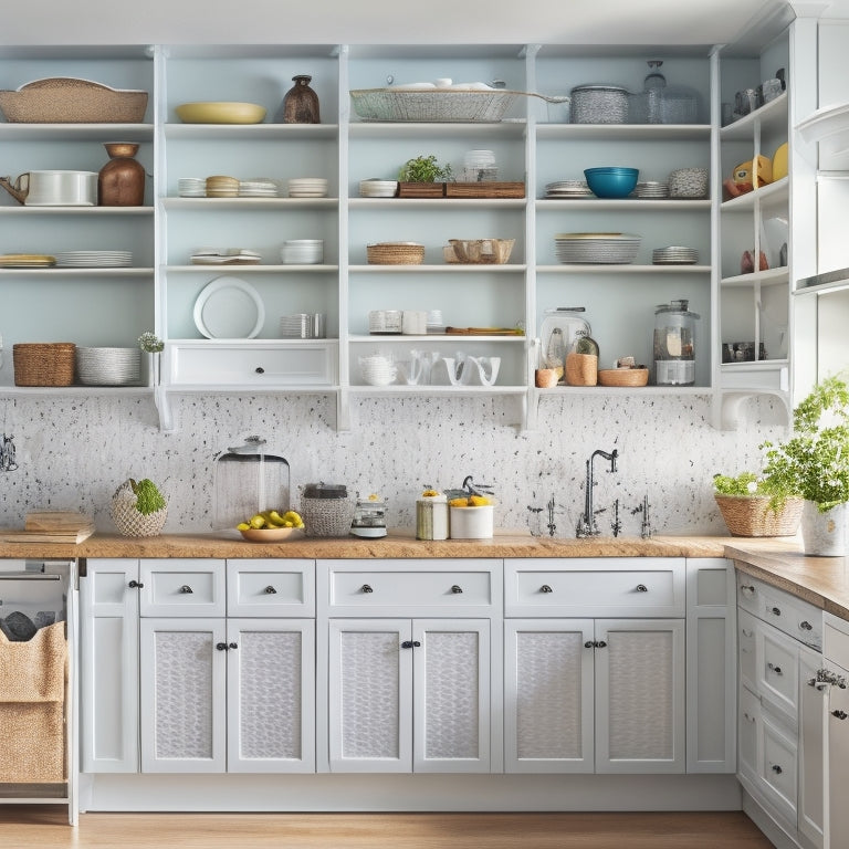 A clutter-free kitchen with a few open cabinets and drawers, revealing organized storage solutions for infrequently used items, such as stackable containers, hanging utensil holders, and a pegboard with hooks.