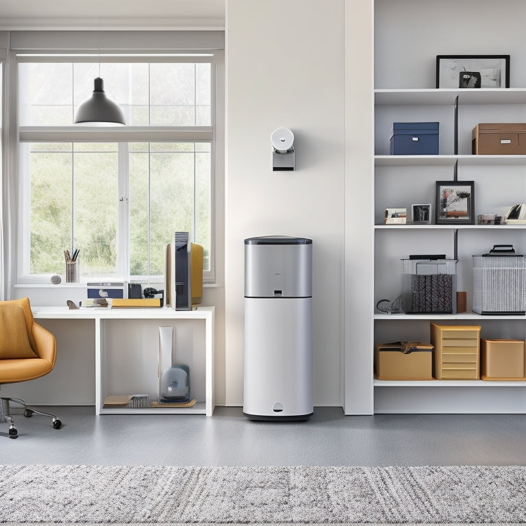 A modern, minimalist home office with a sleek, wall-mounted shelving system, a smart storage ottoman, and a futuristic robotic vacuum cleaner, surrounded by tidy, labeled storage bins and baskets.