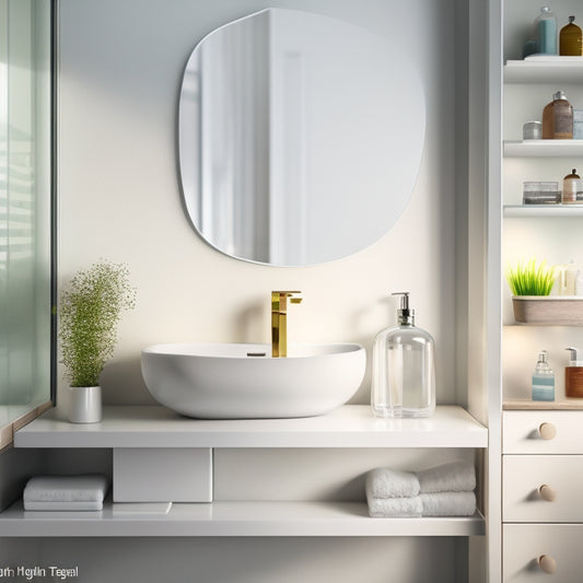 A stylized illustration of a modern bathroom with a sleek, wall-mounted sink and a curved, translucent glass shelf beneath, holding various bathroom essentials in a tidy, organized manner.