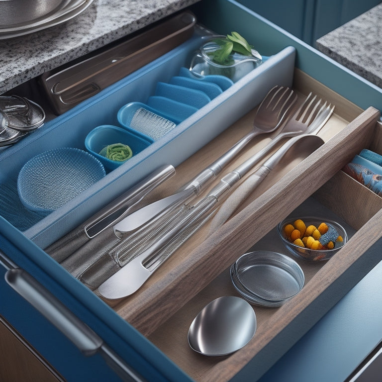 A bright, organized kitchen drawer filled with stacked, velvet-lined trays, chrome dividers, and a utensil organizer, illuminated by soft, natural light, with a few strategically placed kitchen utensils.