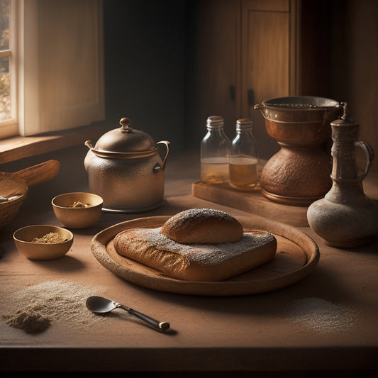 A warm, golden-lit kitchen scene featuring a rustic wooden table with a beautifully risen sourdough loaf, surrounded by flour-dusted utensils and a few scattered bread crumbs.