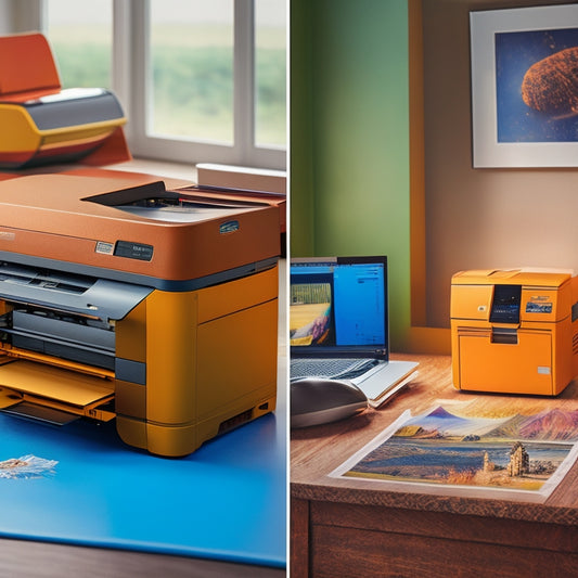 A split-screen illustration comparing an inkjet printer, depicted in warm colors with ink cartridges and a messy work area, to a sleek, modern laser printer in cool tones with a tidy workspace.