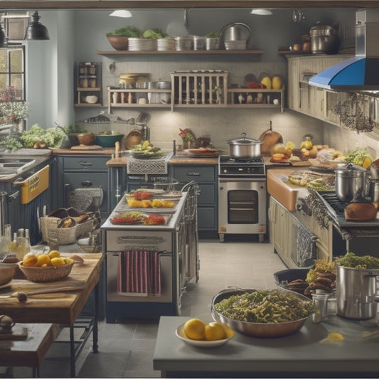 A bustling kitchen with a central island, a cook standing at a 90-degree angle between a stainless steel sink, a gas stove, and a refrigerator, surrounded by utensils and ingredients.