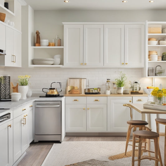 A bright, modern kitchen with sleek white cabinets, featuring a pull-out trash can, adjustable shelves, and a utensil organizer, with a few cookbooks and coffee mugs artfully arranged on top.