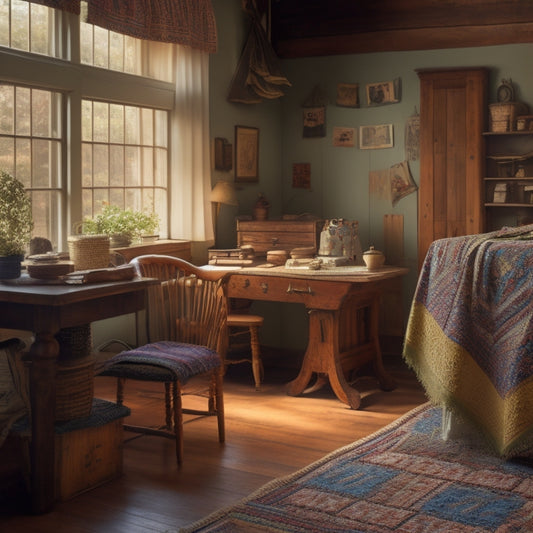 A serene, well-lit room with a wooden table, surrounded by vintage quilts, threads, and antique sewing machines, with a few quilts gently draped over a ladder in the background.