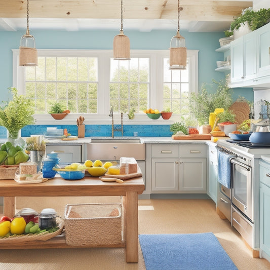 A bright and airy kitchen with a large island, featuring a variety of colorful, portioned-out meals in glass containers, surrounded by utensils, cutting boards, and a few strategically-placed fresh herbs.